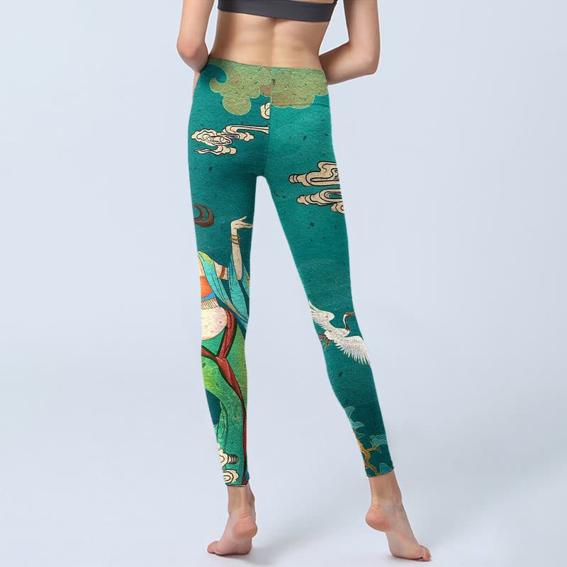 Buddha Stones Eleganti leggings da palestra con stampa di fata, gru, nuvola e pino, pantaloni da yoga da donna - image 6