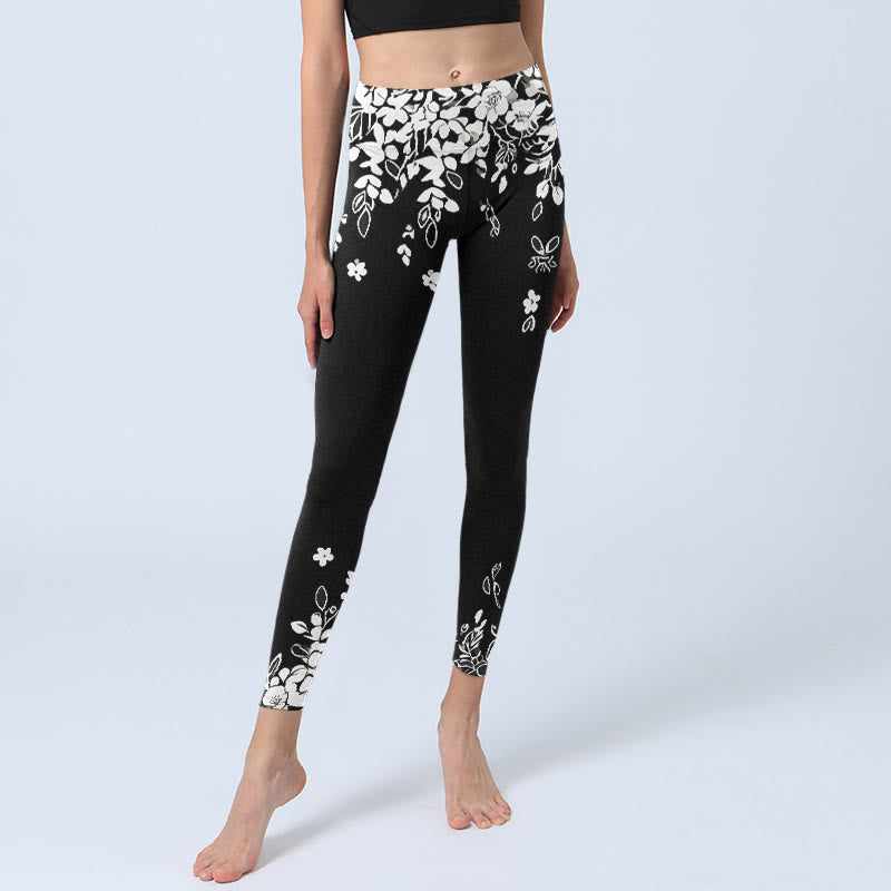 Buddha Stones Leggings da palestra con stampa floreale a contrasto bianco e nero, pantaloni da yoga da donna - image 5