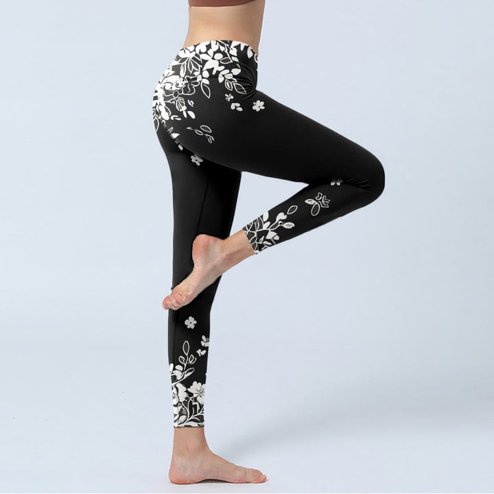 Buddha Stones Leggings da palestra con stampa floreale a contrasto bianco e nero, pantaloni da yoga da donna - image 3