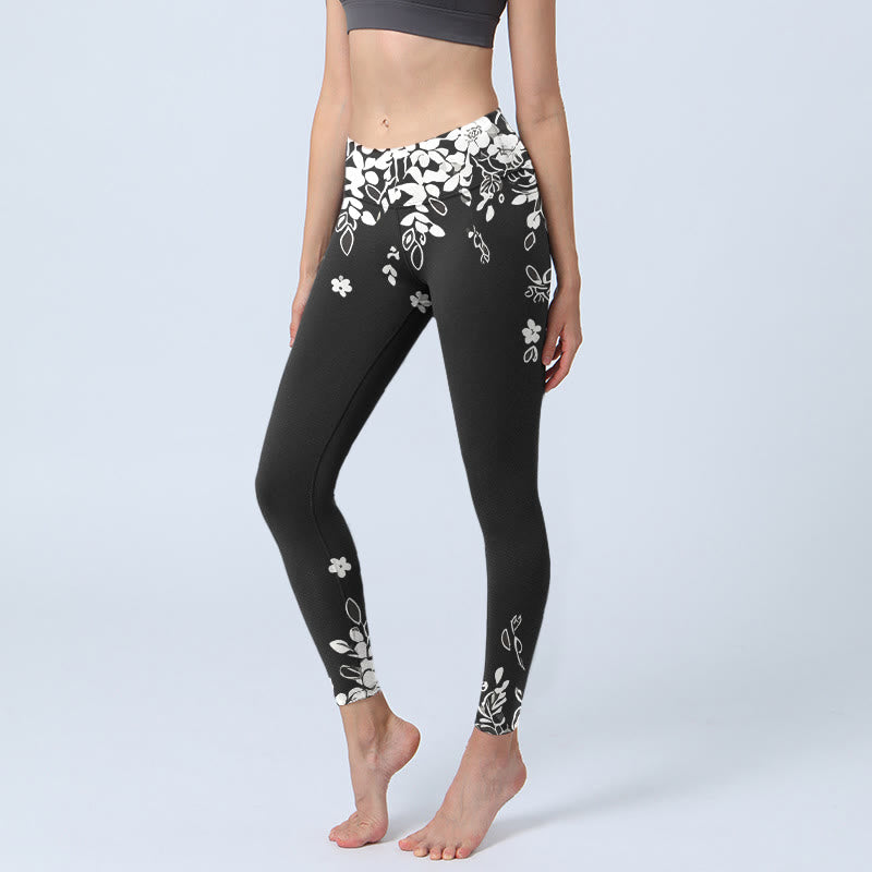 Buddha Stones Leggings da palestra con stampa floreale a contrasto bianco e nero, pantaloni da yoga da donna - Nero - US18, UK/AU22, EU50 (4XL) - image 0