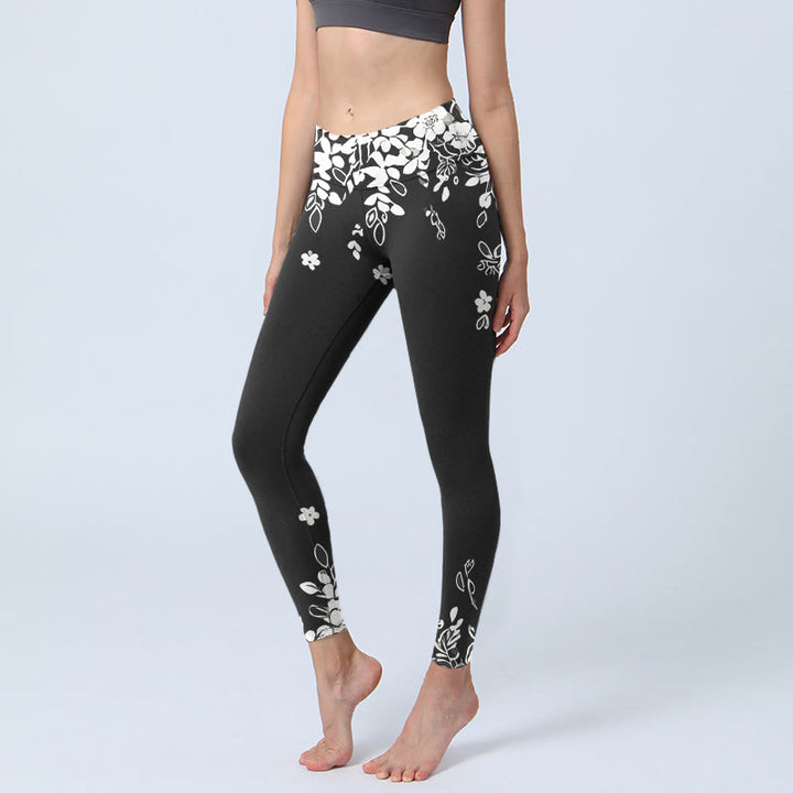 Buddha Stones Leggings da palestra con stampa floreale a contrasto bianco e nero, pantaloni da yoga da donna - Nero - US18, UK/AU22, EU50 (4XL) - image 0