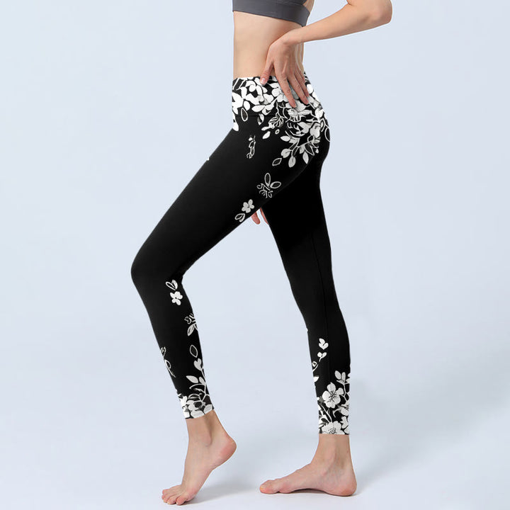 Buddha Stones Leggings da palestra con stampa floreale a contrasto bianco e nero, pantaloni da yoga da donna - image 2