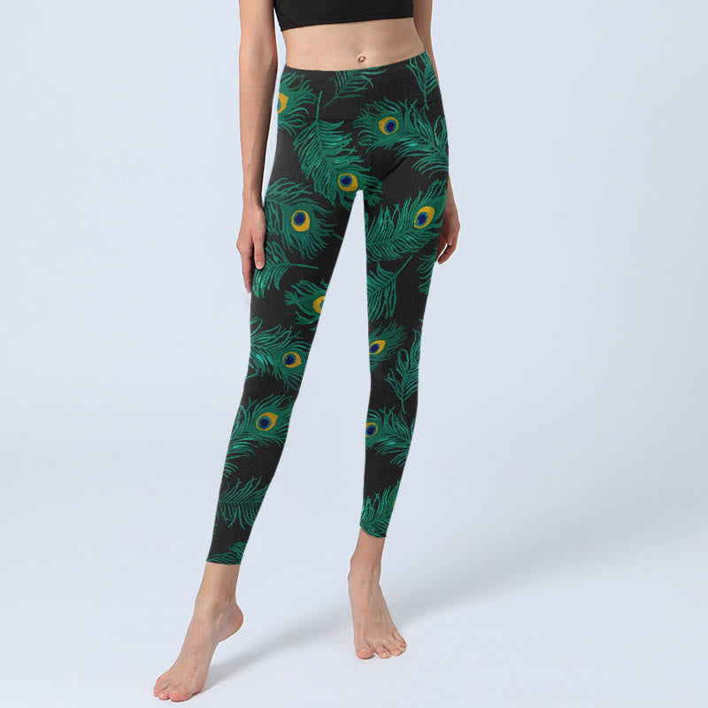 Buddha Stones Leggings da palestra con stampa di piume di pavone retrò, pantaloni da yoga da donna - image 5