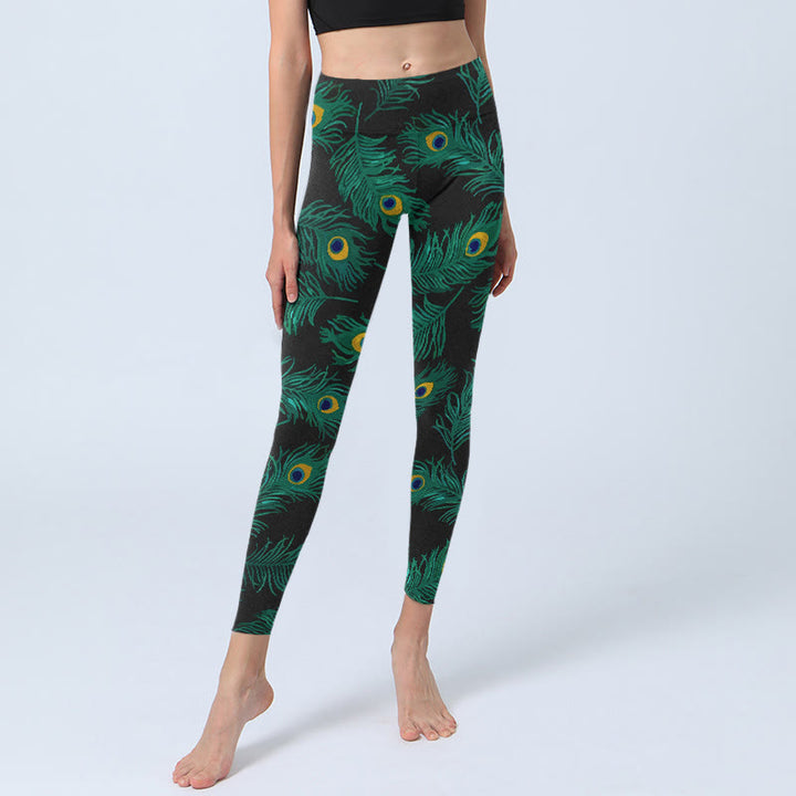 Buddha Stones Leggings da palestra con stampa di piume di pavone retrò, pantaloni da yoga da donna - image 5