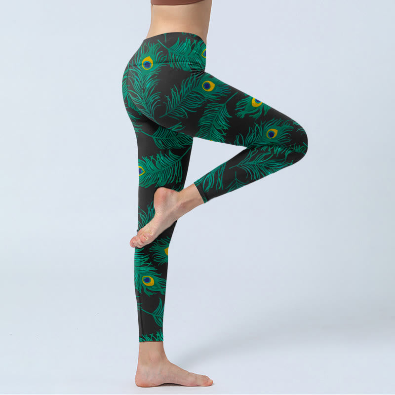 Buddha Stones Leggings da palestra con stampa di piume di pavone retrò, pantaloni da yoga da donna - image 3