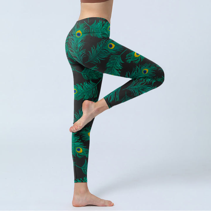 Buddha Stones Leggings da palestra con stampa di piume di pavone retrò, pantaloni da yoga da donna - image 3