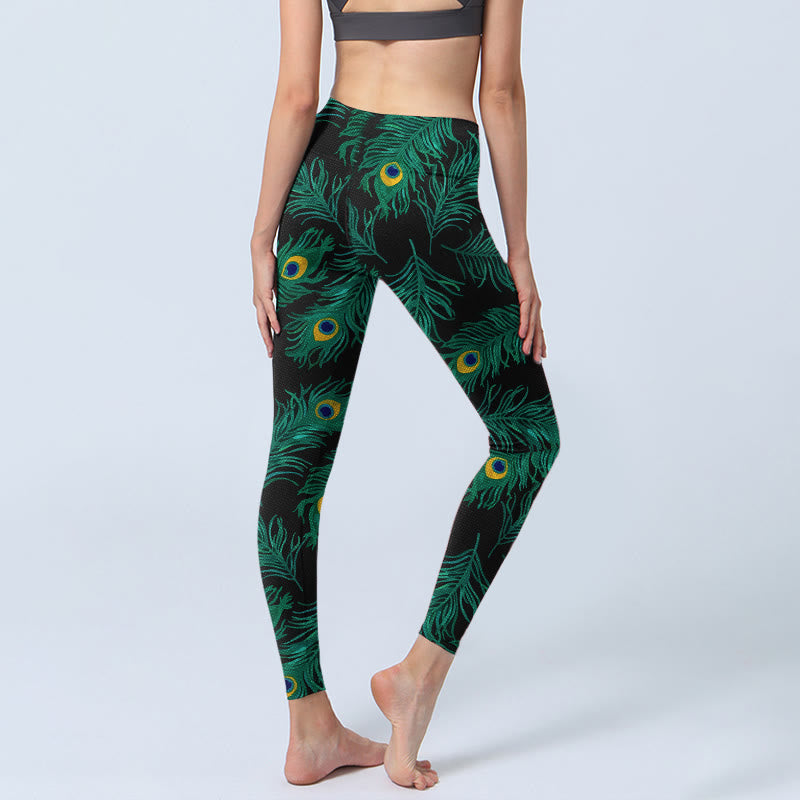 Buddha Stones Leggings da palestra con stampa di piume di pavone retrò, pantaloni da yoga da donna - image 4