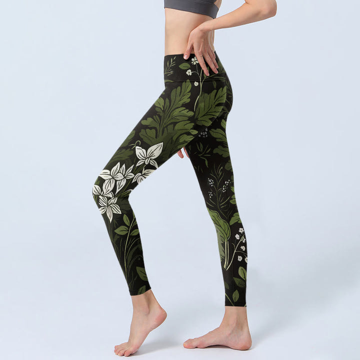 Buddha Stones Leggings da palestra con stampa di foglie e fiori retrò, pantaloni da yoga da donna - image 2