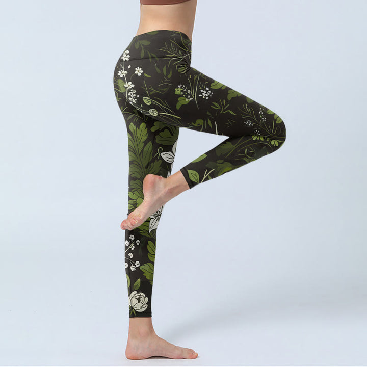 Buddha Stones Leggings da palestra con stampa di foglie e fiori retrò, pantaloni da yoga da donna - image 3