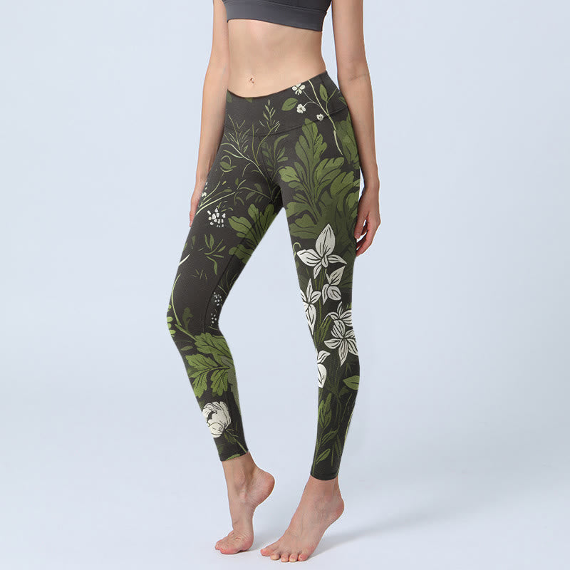 Buddha Stones Leggings da palestra con stampa di foglie e fiori retrò, pantaloni da yoga da donna - Nero - US18, UK/AU22, EU50 (4XL) - image 0