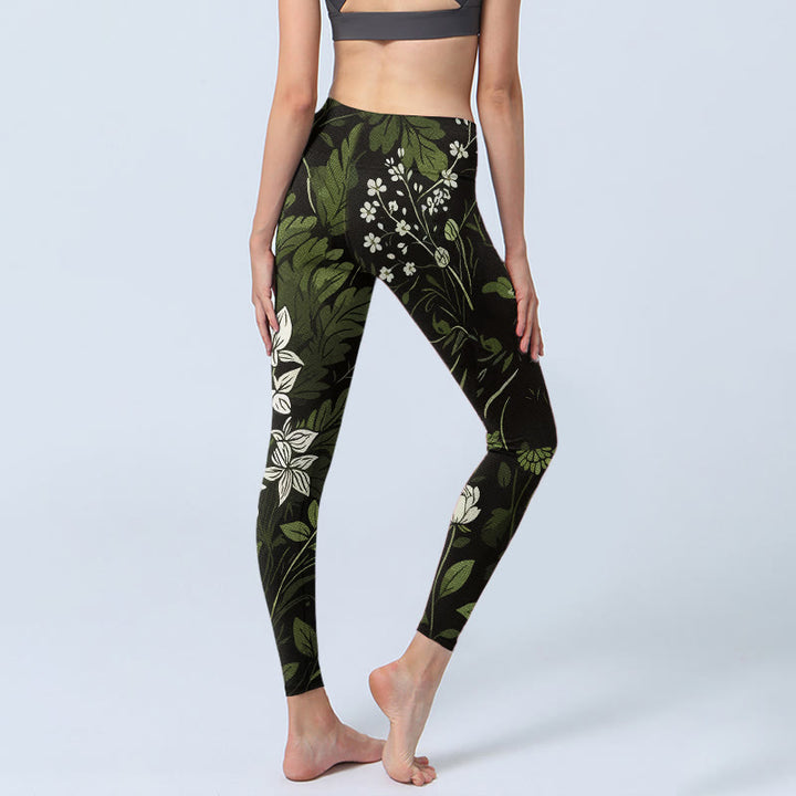 Buddha Stones Leggings da palestra con stampa di foglie e fiori retrò, pantaloni da yoga da donna - image 4
