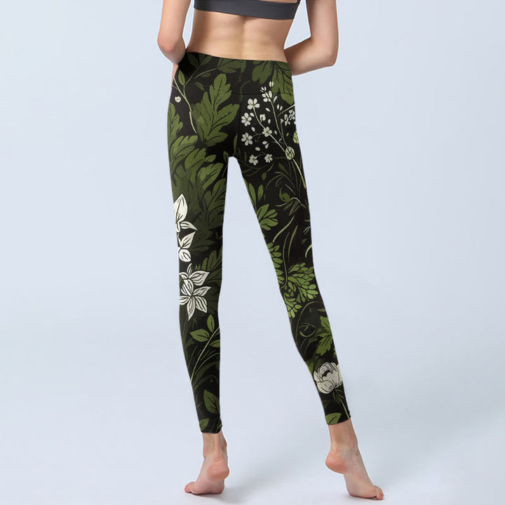 Buddha Stones Leggings da palestra con stampa di foglie e fiori retrò, pantaloni da yoga da donna - image 6
