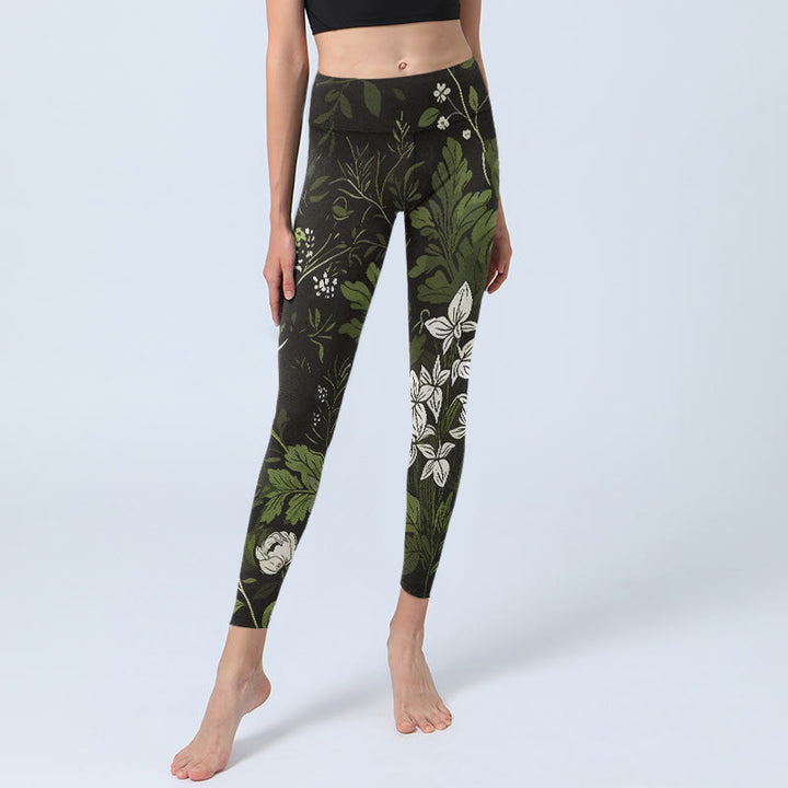 Buddha Stones Leggings da palestra con stampa di foglie e fiori retrò, pantaloni da yoga da donna - image 5