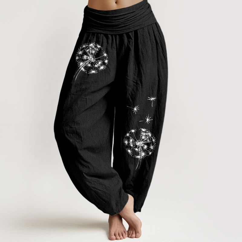 Buddha Stones Pantaloni harem da donna in puro cotone con elastico in vita e motivo a tarassaco - Nero - US16, UK/AU20, EU48 (3XL) - image 5