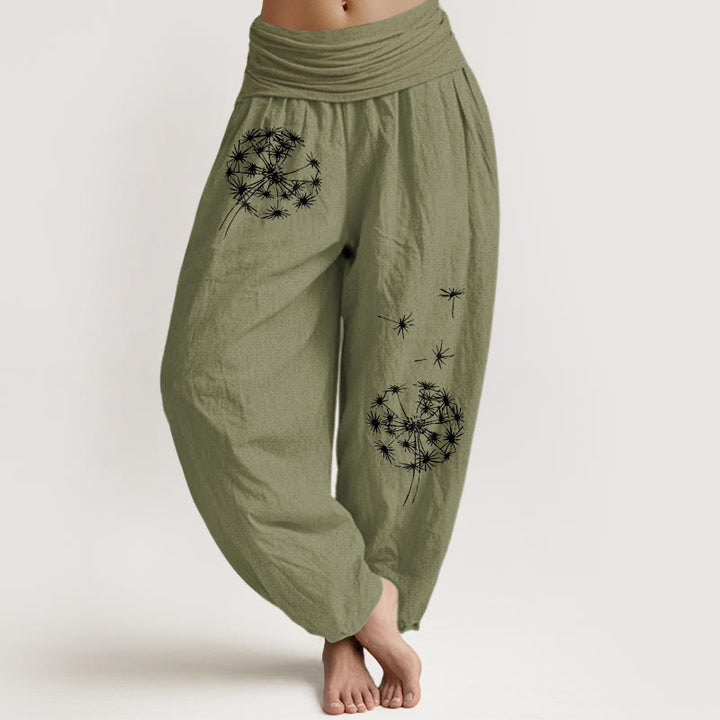 Buddha Stones Pantaloni harem da donna in puro cotone con elastico in vita e motivo a tarassaco - Verde oliva - US16, UK/AU20, EU48 (3XL) - image 14