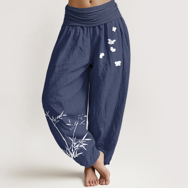 Buddha Stones Pantaloni harem da donna in puro cotone con elastico in vita e motivo a farfalla in bambù - DarkSlateBlue - US16, UK/AU20, EU48 (3XL) - image 5