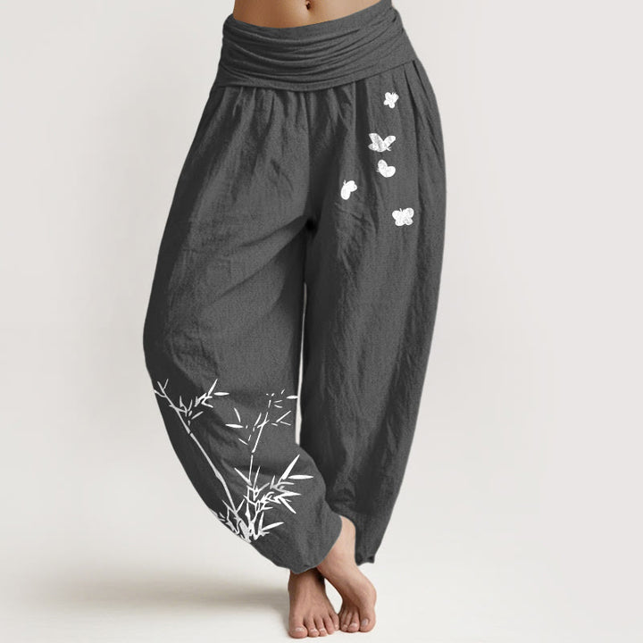Buddha Stones Pantaloni harem da donna in puro cotone con elastico in vita e motivo a farfalla in bambù - Grigio scuro - US16, UK/AU20, EU48 (3XL) - image 8