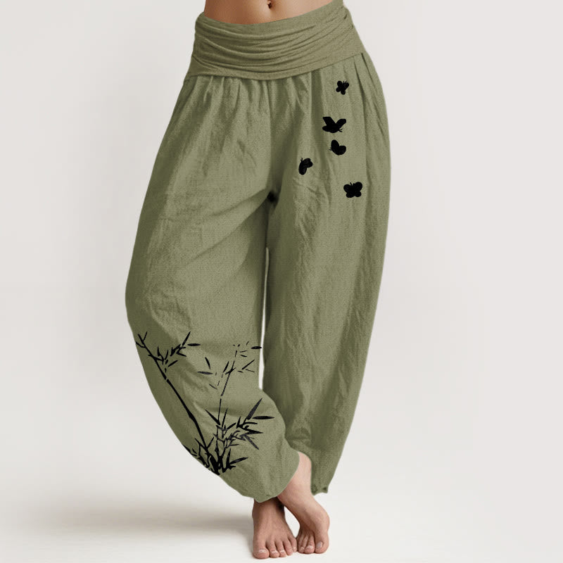Buddha Stones Pantaloni harem da donna in puro cotone con elastico in vita e motivo a farfalla in bambù - Verde oliva - US16, UK/AU20, EU48 (3XL) - image 14