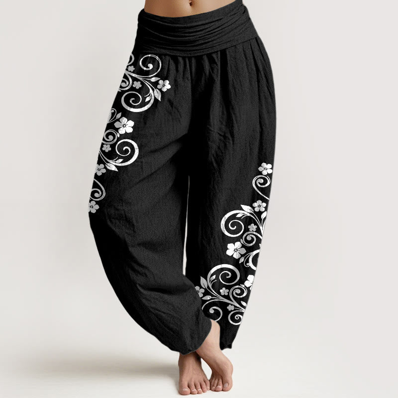 Buddha Stones Pantaloni harem da donna in puro cotone con elastico in vita e motivo floreale elegante - Nero - US16, UK/AU20, EU48 (3XL) - image 0