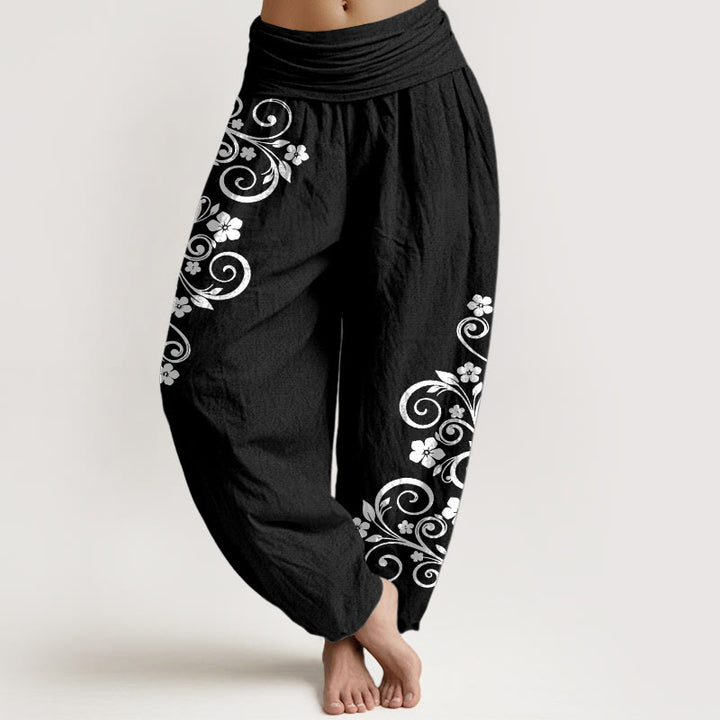 Buddha Stones Pantaloni harem da donna in puro cotone con elastico in vita e motivo floreale elegante - Nero - US16, UK/AU20, EU48 (3XL) - image 0