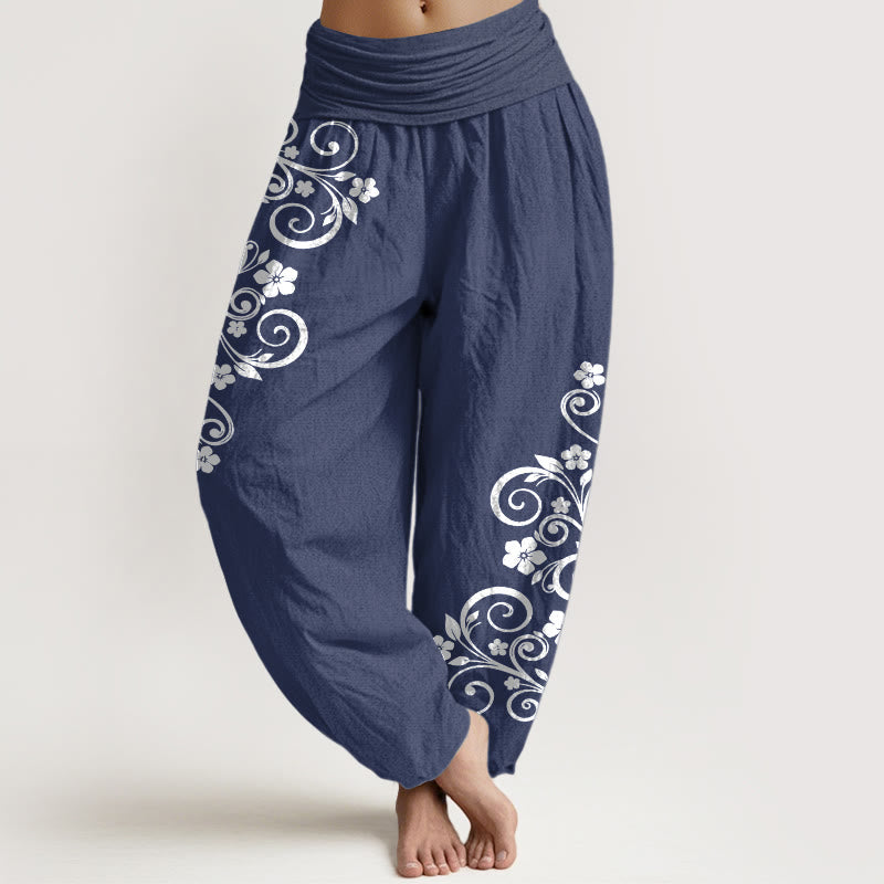Buddha Stones Pantaloni harem da donna in puro cotone con elastico in vita e motivo floreale elegante - DarkSlateBlue - US16, UK/AU20, EU48 (3XL) - image 5