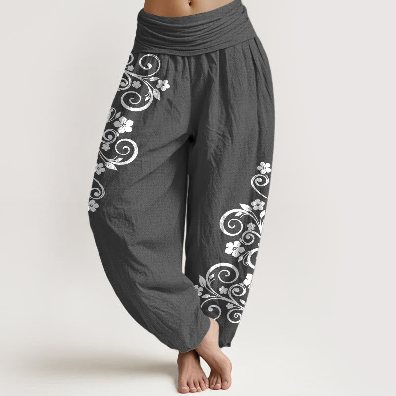 Buddha Stones Pantaloni harem da donna in puro cotone con elastico in vita e motivo floreale elegante - Grigio scuro - US16, UK/AU20, EU48 (3XL) - image 8
