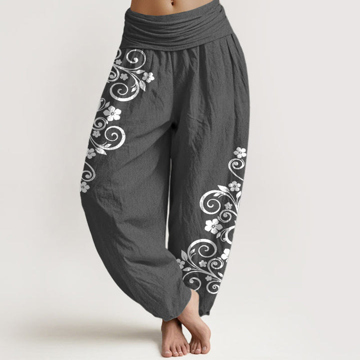 Buddha Stones Pantaloni harem da donna in puro cotone con elastico in vita e motivo floreale elegante - Grigio scuro - US16, UK/AU20, EU48 (3XL) - image 8
