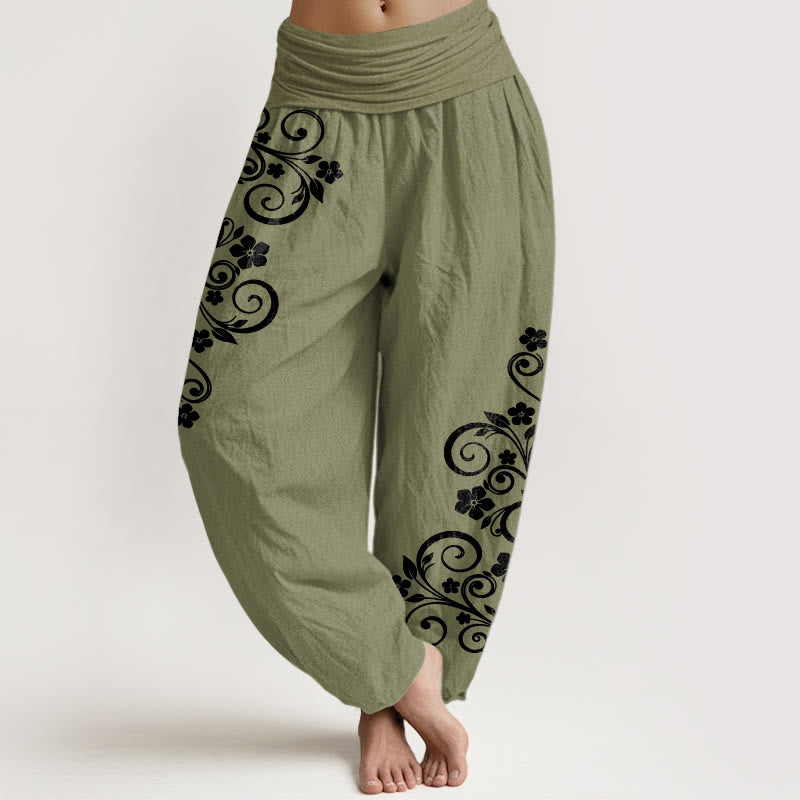 Buddha Stones Pantaloni harem da donna in puro cotone con elastico in vita e motivo floreale elegante - Verde oliva - US16, UK/AU20, EU48 (3XL) - image 14