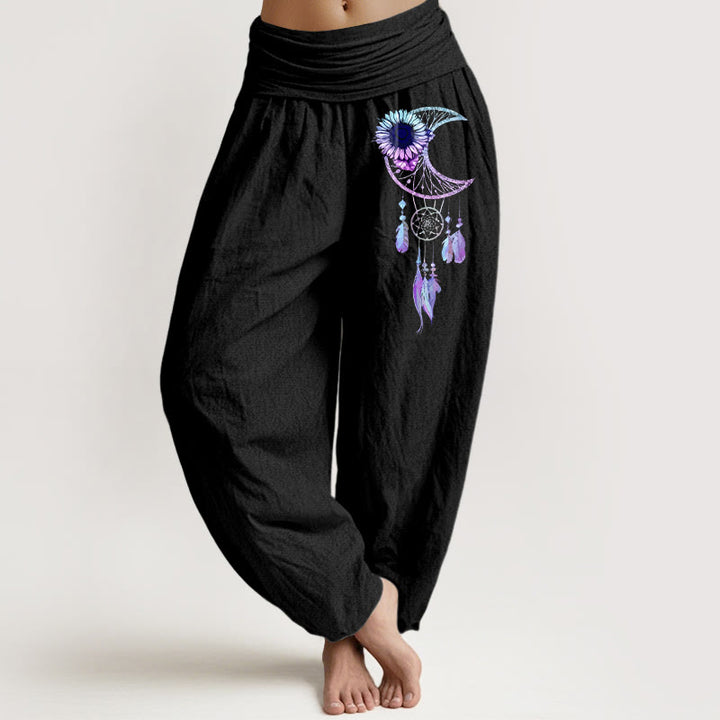 Buddha Stones Pantaloni harem da donna in puro cotone con elastico in vita e motivo a piume e fiori di luna - Nero - US16, UK/AU20, EU48 (3XL) - image 0