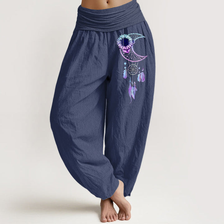 Buddha Stones Pantaloni harem da donna in puro cotone con elastico in vita e motivo a piume e fiori di luna - DarkSlateBlue - US16, UK/AU20, EU48 (3XL) - image 5
