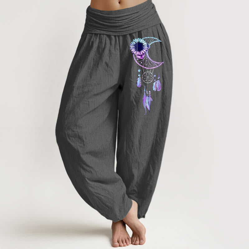 Buddha Stones Pantaloni harem da donna in puro cotone con elastico in vita e motivo a piume e fiori di luna - Grigio scuro - US16, UK/AU20, EU48 (3XL) - image 8