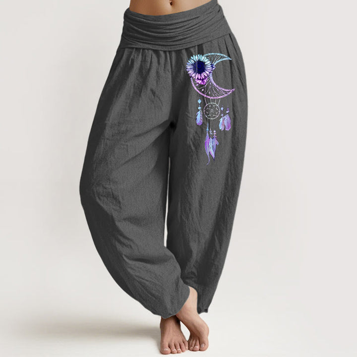 Buddha Stones Pantaloni harem da donna in puro cotone con elastico in vita e motivo a piume e fiori di luna - Grigio scuro - US16, UK/AU20, EU48 (3XL) - image 8