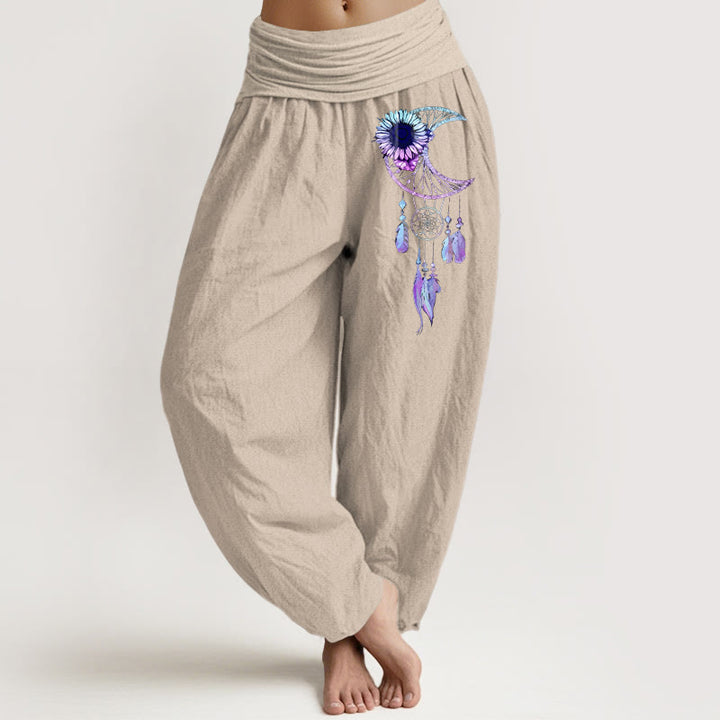 Buddha Stones Pantaloni harem da donna in puro cotone con elastico in vita e motivo a piume e fiori di luna - Abbronzatura - US16, UK/AU20, EU48 (3XL) - image 11