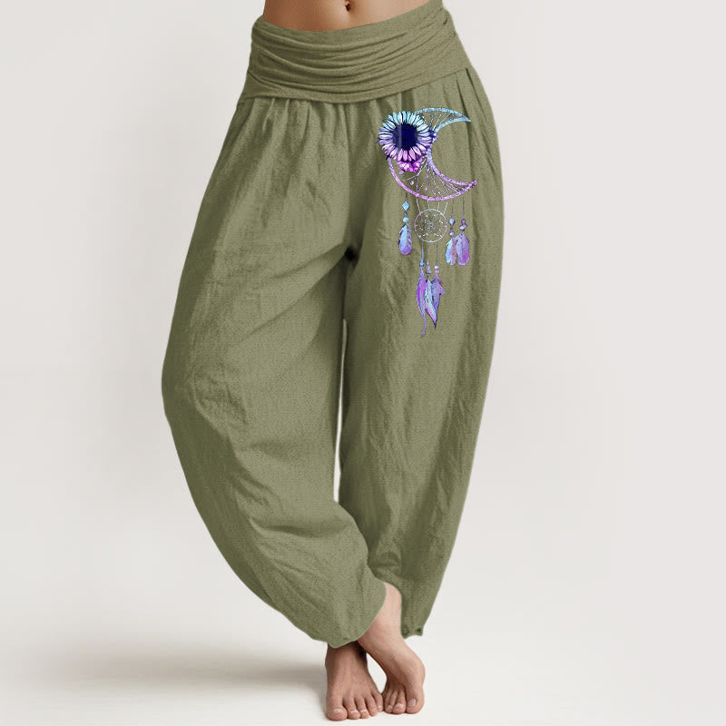 Buddha Stones Pantaloni harem da donna in puro cotone con elastico in vita e motivo a piume e fiori di luna - Verde oliva - US16, UK/AU20, EU48 (3XL) - image 14