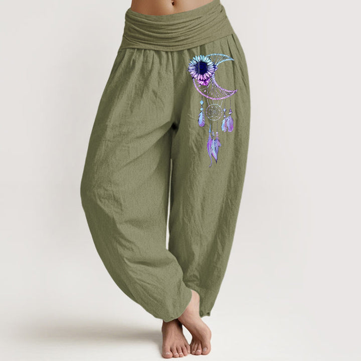 Buddha Stones Pantaloni harem da donna in puro cotone con elastico in vita e motivo a piume e fiori di luna - Verde oliva - US16, UK/AU20, EU48 (3XL) - image 14