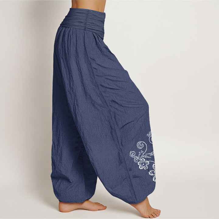 Buddha Stones Pantaloni harem da donna con elastico in vita, in puro cotone, con motivo a pois e fiori di vite - image 2