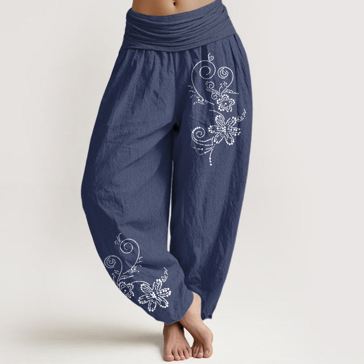 Buddha Stones Pantaloni harem da donna con elastico in vita, in puro cotone, con motivo a pois e fiori di vite - DarkSlateBlue - US16, UK/AU20, EU48 (3XL) - image 0
