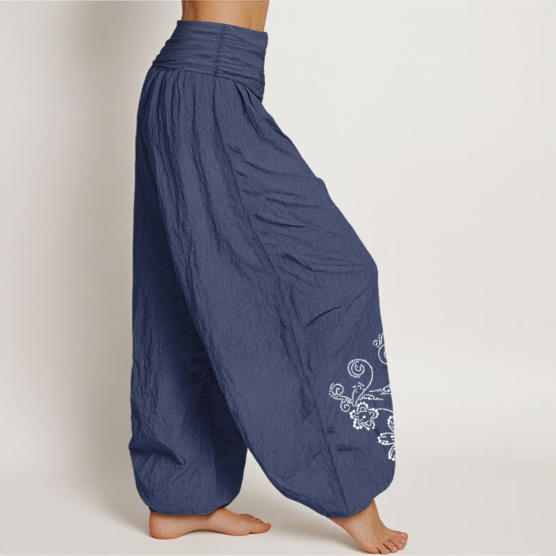 Buddha Stones Pantaloni harem da donna con elastico in vita, in puro cotone, con motivo a pois e fiori di vite - image 2