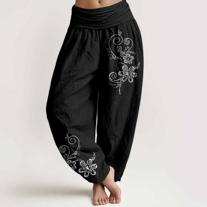 Buddha Stones Pantaloni harem da donna con elastico in vita, in puro cotone, con motivo a pois e fiori di vite - Nero - US16, UK/AU20, EU48 (3XL) - image 5