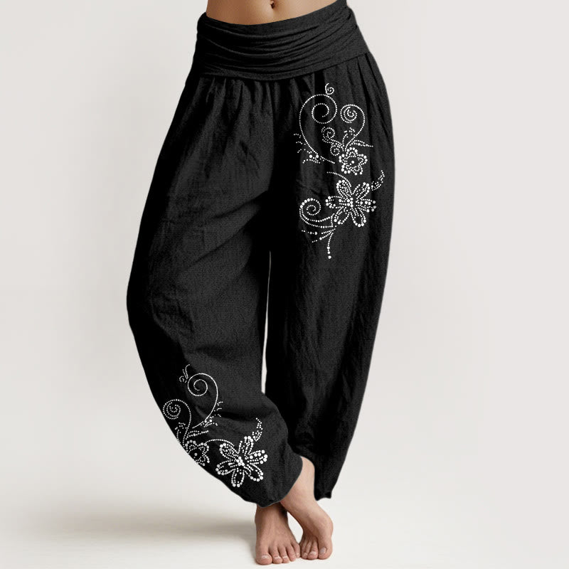 Buddha Stones Pantaloni harem da donna con elastico in vita, in puro cotone, con motivo a pois e fiori di vite - Nero - US16, UK/AU20, EU48 (3XL) - image 5