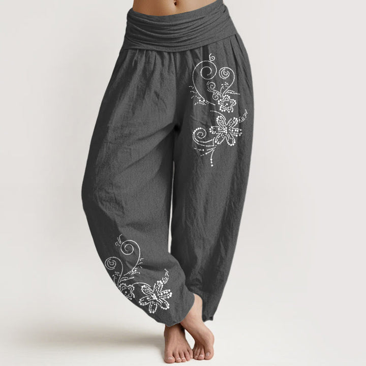 Buddha Stones Pantaloni harem da donna con elastico in vita, in puro cotone, con motivo a pois e fiori di vite - Grigio tenue - US16, UK/AU20, EU48 (3XL) - image 8
