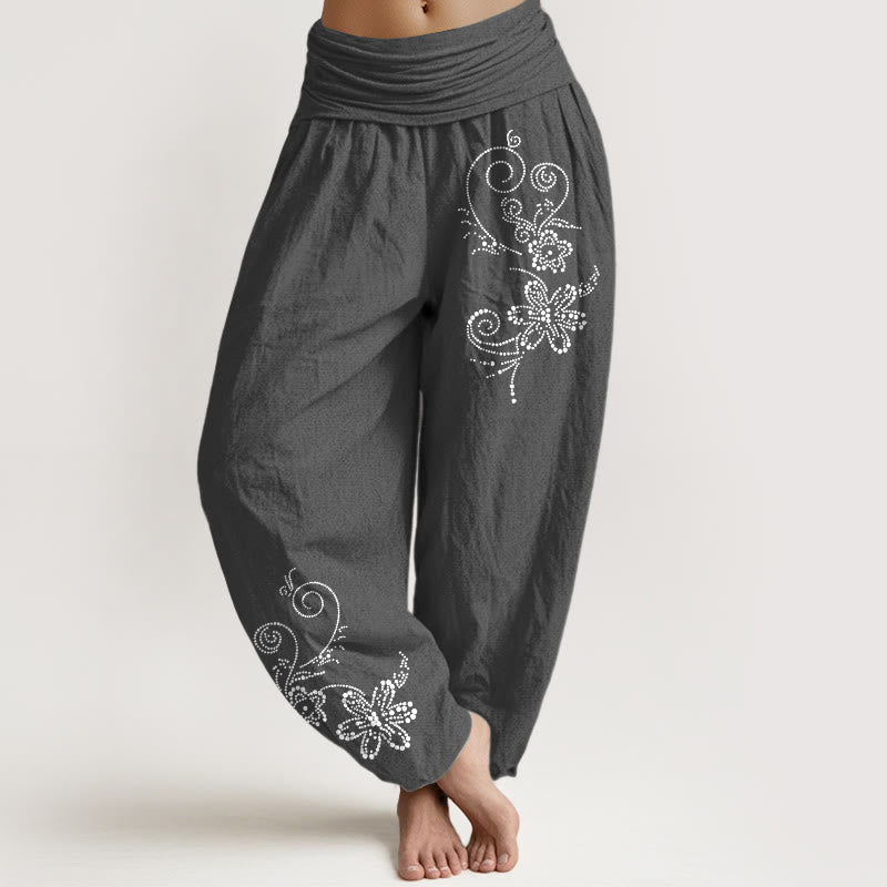 Buddha Stones Pantaloni harem da donna con elastico in vita, in puro cotone, con motivo a pois e fiori di vite - Grigio scuro - US16, UK/AU20, EU48 (3XL) - image 8