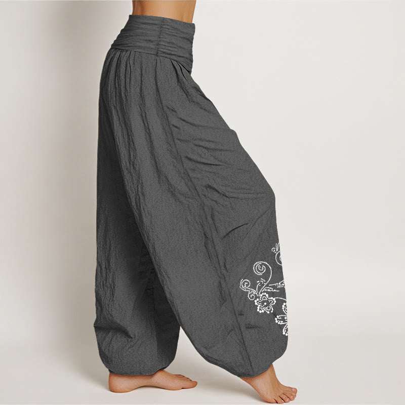 Buddha Stones Pantaloni harem da donna con elastico in vita, in puro cotone, con motivo a pois e fiori di vite - image 10
