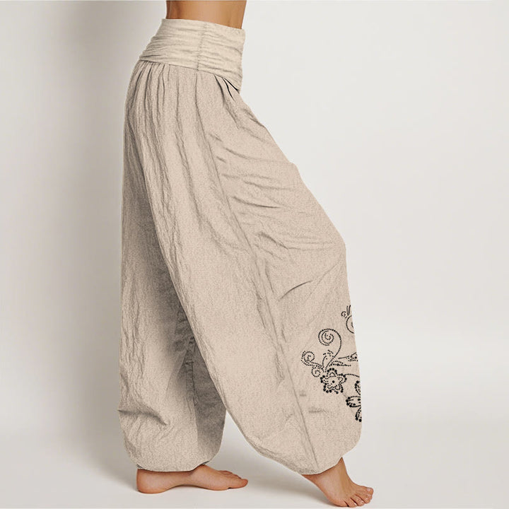 Buddha Stones Pantaloni harem da donna con elastico in vita, in puro cotone, con motivo a pois e fiori di vite - image 13