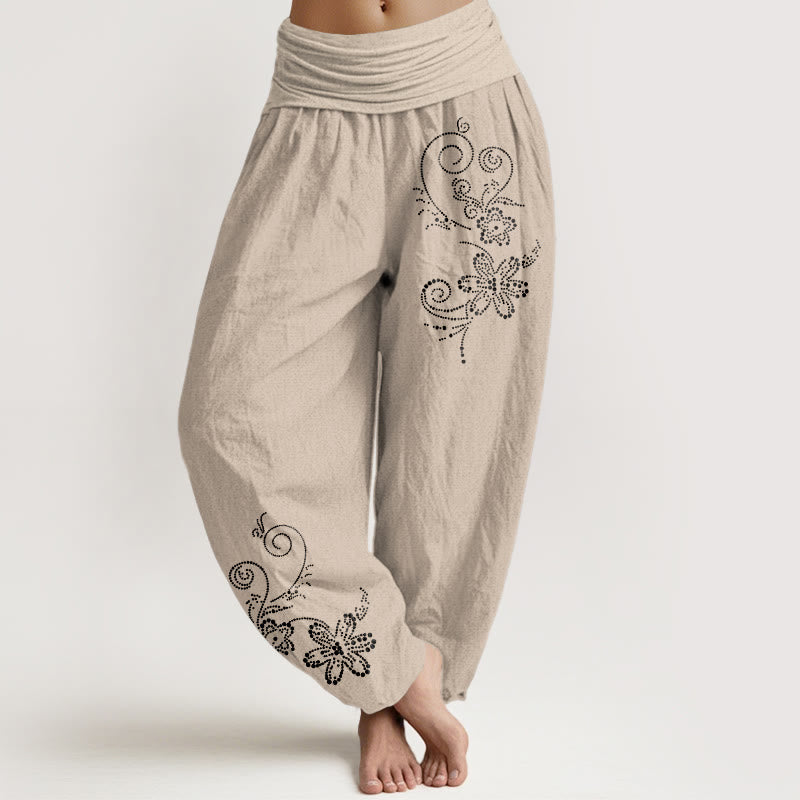 Buddha Stones Pantaloni harem da donna con elastico in vita, in puro cotone, con motivo a pois e fiori di vite - Tan - US16, UK/AU20, EU48 (3XL) - image 11