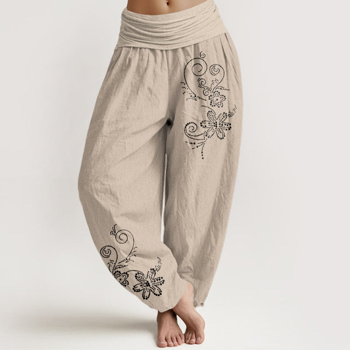 Buddha Stones Pantaloni harem da donna con elastico in vita, in puro cotone, con motivo a pois e fiori di vite - Abbronzatura - US16, UK/AU20, EU48 (3XL) - image 11