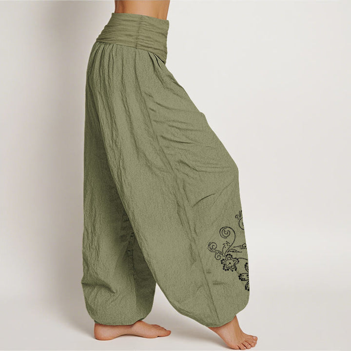 Buddha Stones Pantaloni harem da donna con elastico in vita, in puro cotone, con motivo a pois e fiori di vite - image 16