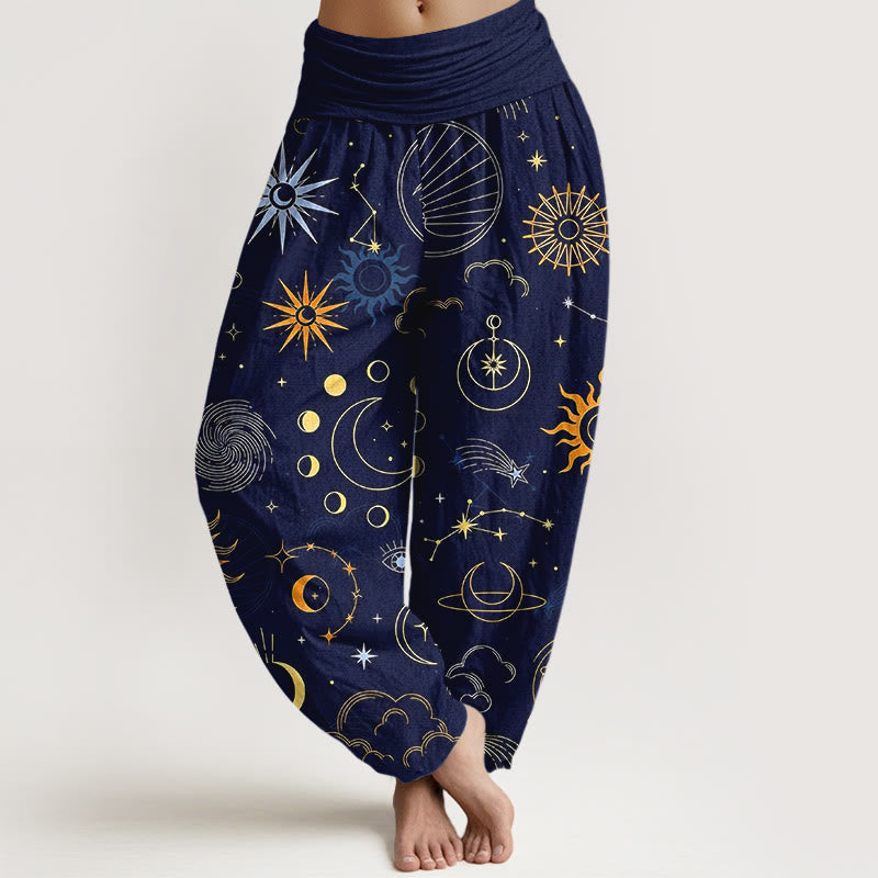 Buddha Stones Pantaloni harem da donna con elastico in vita, motivo luna sole nuvola stella costellazione in cotone - Blu notte - US16, UK/AU20, EU48 (3XL) - image 0