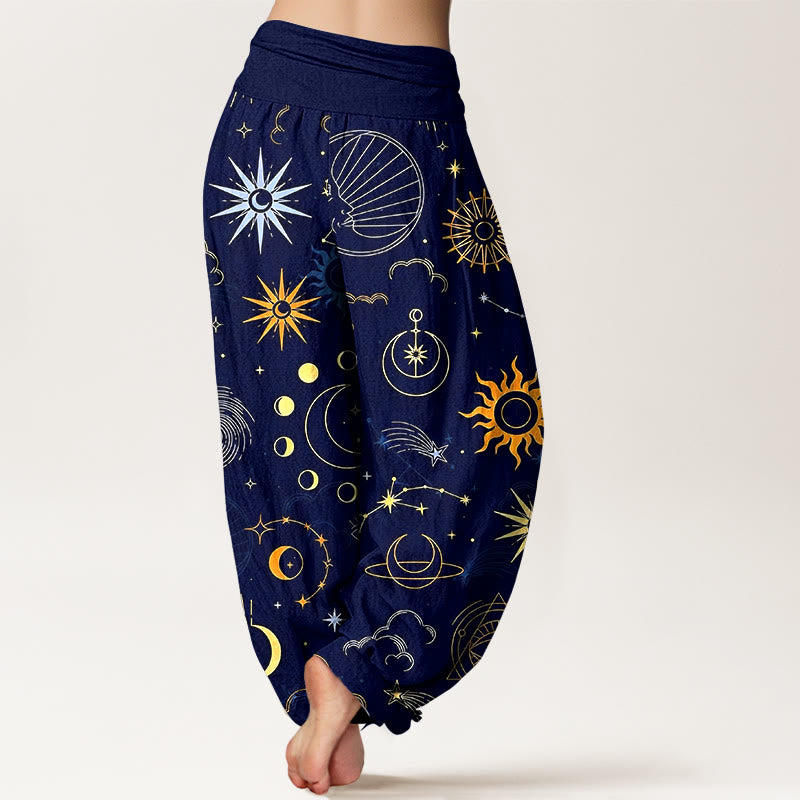 Buddha Stones Pantaloni harem da donna con elastico in vita, motivo luna sole nuvola stella costellazione in cotone - image 1