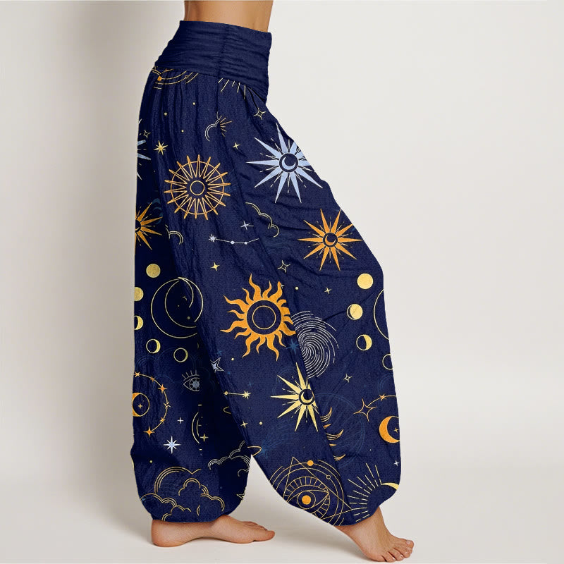 Buddha Stones Pantaloni harem da donna con elastico in vita, motivo luna sole nuvola stella costellazione in cotone - image 2